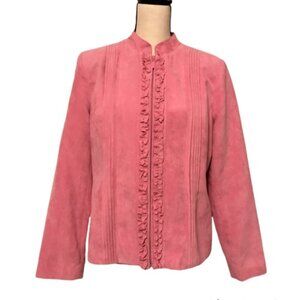 Dressbarn Faux Suede Pink Zip-up Jacket with Ruffles and Pleats, Size Large